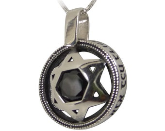 Star of David Onyx Kabbalah Pendant in Sterling Silver, Ana Bekoach Prayer Pendant, Round Hebrew Pendant, Onyx Jewish Magen David Pendant