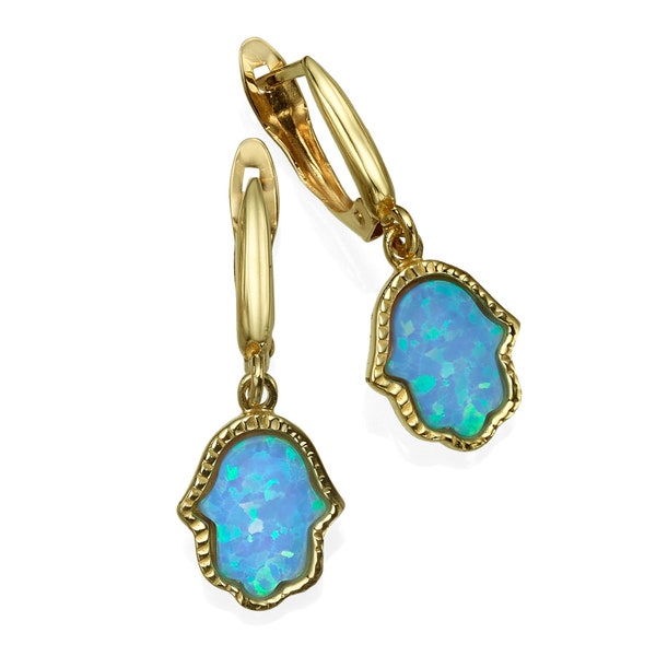 Opal Hamsa Earrings, Solid 14k Gold Earrings, Dainty Opal Earrings, 14k Gold Blue Opal Chamsa Hand Earrings, Jewish Protection Charm