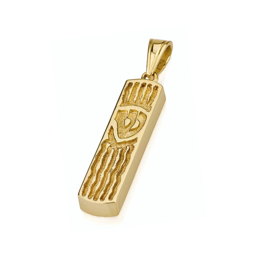 Mezuzah Pendant in 14k Gold, 14K Gold Florentine Wavy Mezuzah Pendant
