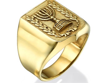 Emblem of Israel Signet Ring in 14K Gold, Gold Menorah Ring, 14k Yellow Gold Men's Ring, Jewish Signet Ring, Israeli Emblem Gold Ring