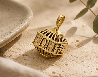 Dreidel Pendant in 14K Gold | Hanukkah Gift | 3D Jewish Dreidel with Western Wall Judaica Jewelry