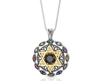 Collar de estrella de David Hoshen de la Cábala, colgante de plata y oro de la Cábala, colgante de 12 piedras preciosas, amuleto de protección contra el mal de ojo Magen David