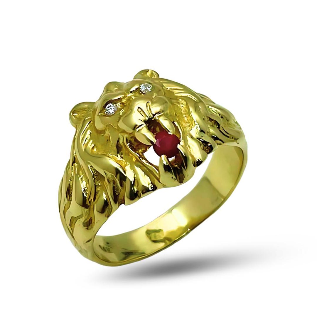 Buy 14k Gold Lion of Judah Ring: Ruby Diamond Jewish Statement Ring for  Men Online in India