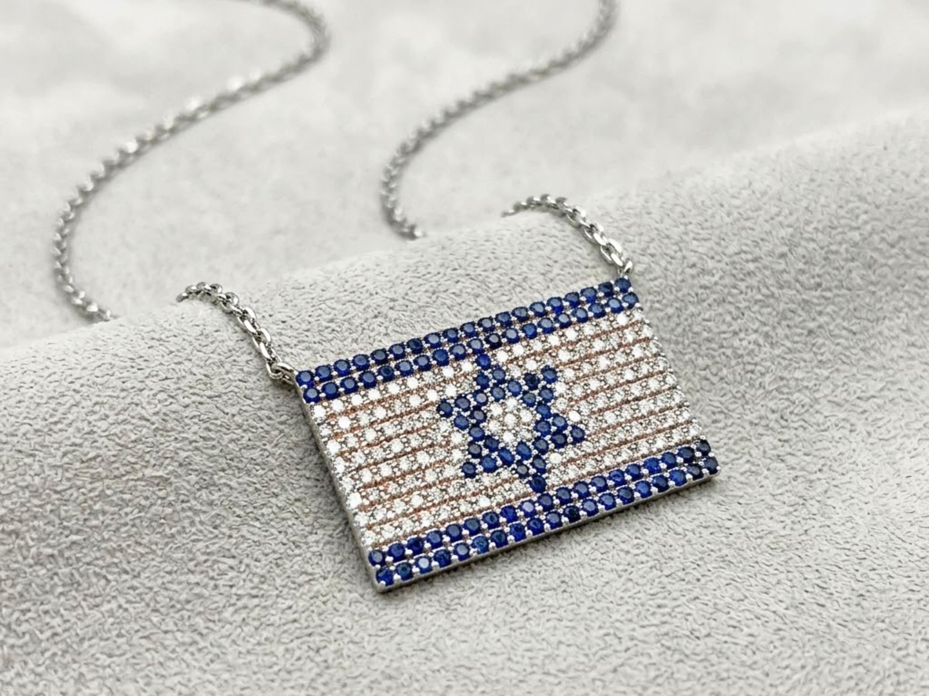 Israeli Flag Necklace in 14K White Gold With Diamonds and