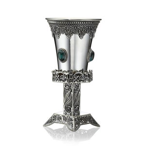 Silver Kiddush Cup, Eilat Stone Sterling Silver Jerusalem Skyline Kiddush Cup, Fancy Goblet, Exquisite Filigree Cup, Judaica Gift