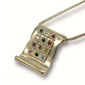 Scroll Hoshen Necklace Pendant in 14K Gold and Genuine Gemstones, Choshen 12 Tribes of Israel, Priestly Breastplate, Jewish Jewelry