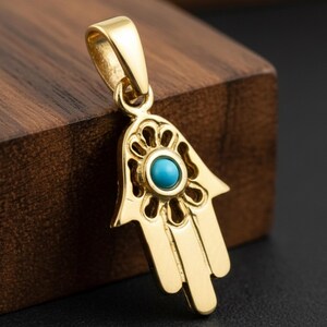 Turquoise Hamsa 14k Gold Pendant, Small Hamsa Charm, Turquoise Necklace Charm, Tiny Gold Hamsa, Protection Pendant, Jewish Pendant