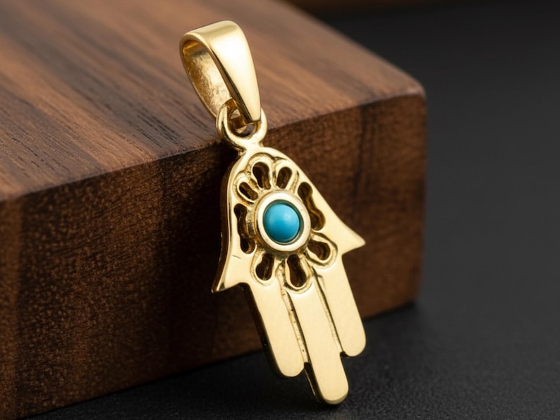 Turquoise Hamsa 14k Gold Pendant, Small Hamsa Charm, Turquoise Necklace Charm, Tiny Gold Hamsa, Protection Pendant, Jewish Pendant