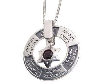 Kabbalah Angel Name Inscription & Star of David Silver Pendant with Granite Stone, Kabbalah Necklace Charm, Jewish Jewelry from Israel