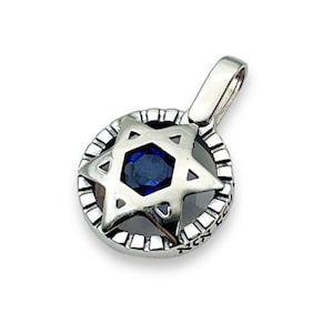 Blue Sapphire Star of David Kabbalah Pendant in Sterling Silver, Jewish Star Protection Charm, Ben Porat Hebrew Verse, Gifts from Israel