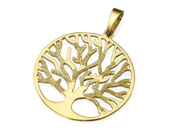 Gold Tree of Life Pendant, Solid 14k Gold Pendant, Diamond-Cut Round Pendant, Tree of Life Necklace Pendant, Jewish Kabbalah Jewelry