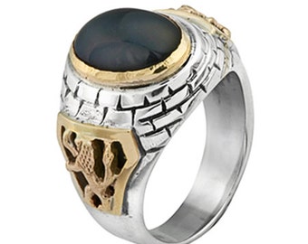 Black Onyx Ring in Silver and Gold, 14k Lion of Judah Ring, Sterling Silver Ring, Brick Design Men's Ring, Statement Ring, Jewish Ring
