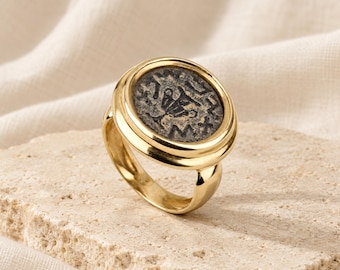 Ancient Masada Coin Coin Ring in Solid 14k Gold Ring, Authentic Antique Coin Ring from Israel