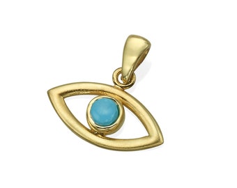 Colgante de ojo turco turquesa en oro macizo de 14 quilates. Collar con amuleto de protección de oro. Joyería espiritual israelí. Regalo judío para ella.