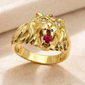 14k Gold Lion of Judah Ring: Ruby & Diamond Jewish Statement Ring for Men