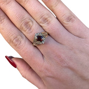 Vintage Style Garnet Diamond Ring in 14k Gold