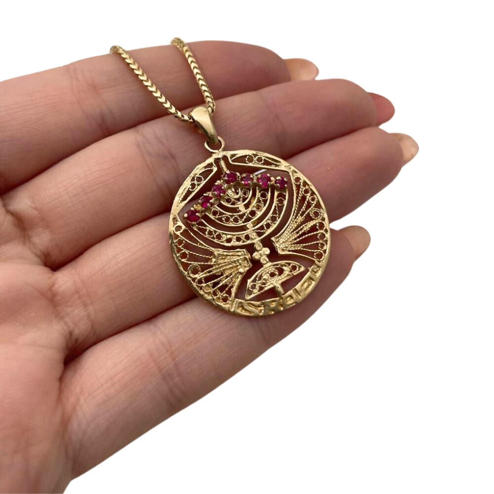 Ruby & Sapphire Menorah Reversible Pendant, Solid 14k Gold