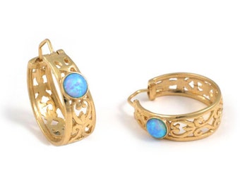 Opal Hoop Earrings, Solid 14k Gold Blue Opal Earrings, Ethnic Yemenite Earrings, Cutout Filigree Earrings, Small Hoop Ornate Earrings