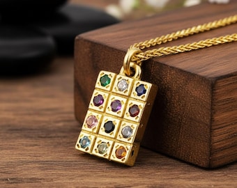 Classic Hoshen Pendant and Chain Set in 14K Gold, Rectangle Pendant with Hoshen Gemstones, Choshen Jewelry Handmade in Israel
