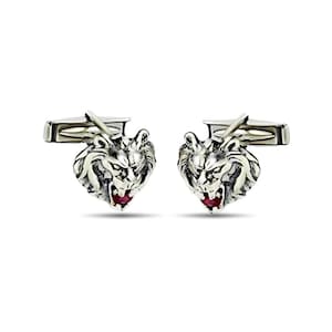 Rising Lion Silver Cufflinks with Ruby Stones, Lion of Judah Cuff Links, Sterling Silver & Ruby Lion Cufflinks for Men, Jewelry Gift for Him