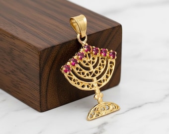 Reversible Menorah Pendant 14k Gold Ruby and Sapphire, Dainty Gold Filigree Menorah Necklace Charm, Reversible Stone Pendant, Jewish Jewelry