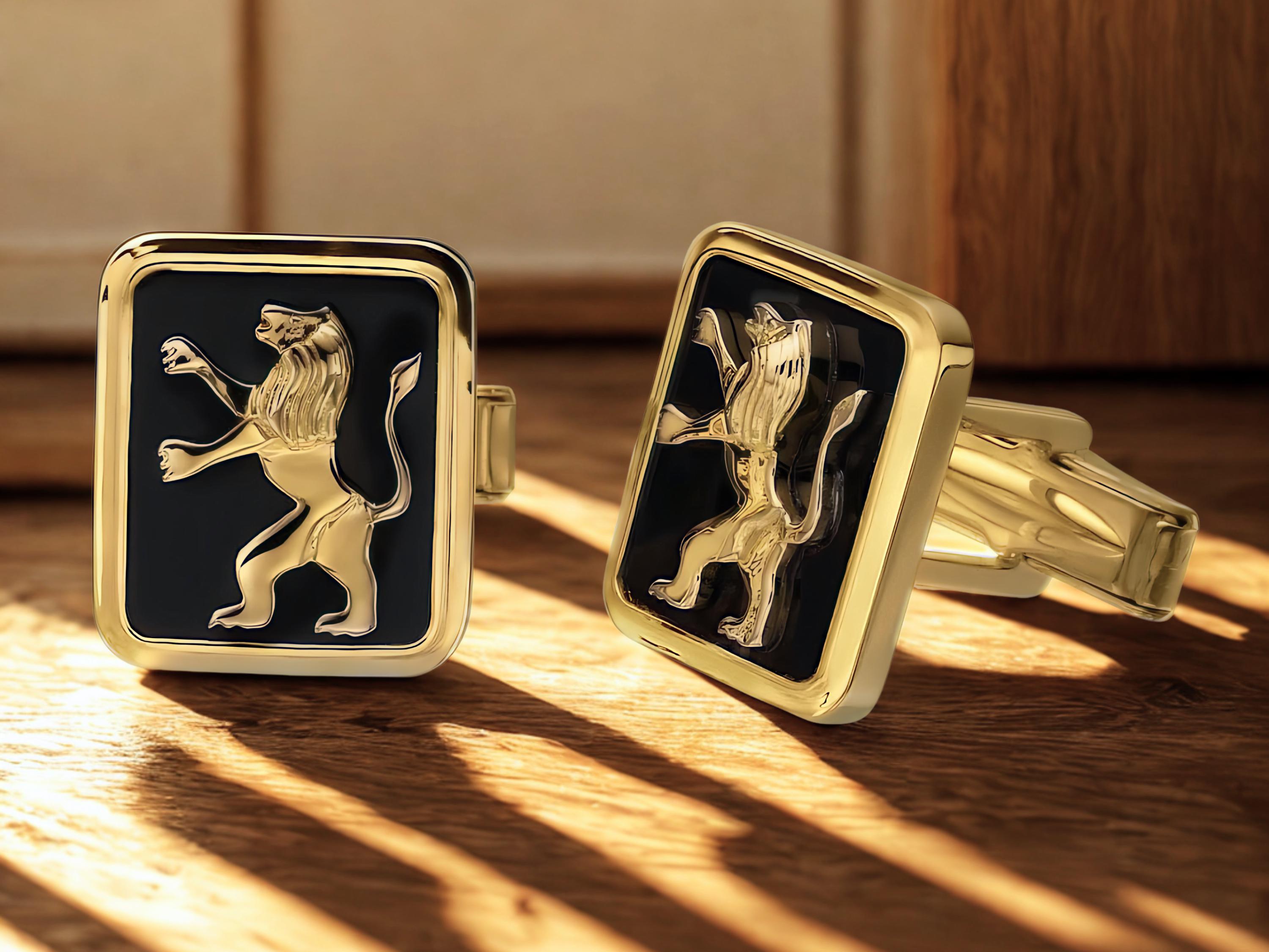 Boutons De Manchettes Or 18K Avec Lion De Judah Sur Onyx Noir - Neuf Sans Emballage - Origine Éthiopie
