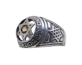 Kabbalah Citrine Ring in Sterling Silver with Star of David, 72 Names of G-d Hebrew Ring, Citrine Jewish Magen David Signet Ring from Israel