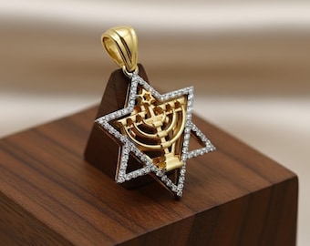 Diamond Magen David and Menorah Pendant in 14k Gold, Jewish Star of David Menorah Pendant with Natural Diamonds, Judaica Jewelry from Israel