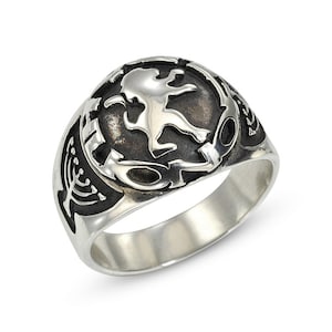 Lion of Judah Ring, Sterling Silver Ring, Silver Lion Ring for Men, Oxidized Silver Ring, Jewish Ring, Menora Ring, Tribe of Judah Mens Ring