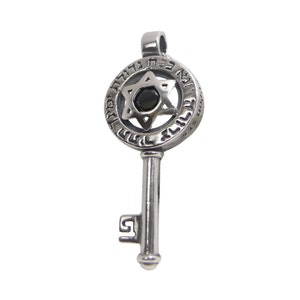 Sterling Silver Onyx Kabbalah Key Pendant with Ana b&#39;Koach, Star of David Kaballah Ana B&#39;koach Engraved Hebrew Pendant, Magen David Charm