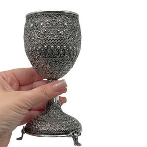 Kiddush Cup Made in Israel, 925 Sterling Silver Filigree Art Stemmed Qiddush Cup Wedding Set, Judaica Gifts, Yemenite Silver, Gold lined Cup