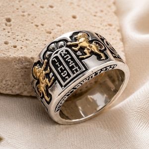 Lion of Judah with Ten Commandments and Star of David Ring in Sterling Silver and 14k Gold Ring