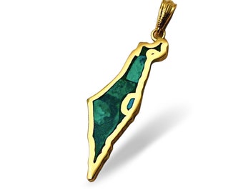 Map of Israel Pendant in 14k Gold Inlaid with Israeli Eilat Stone, Map of Israel Charm with King Solomon&#39;s Stone, Jewish Holy Land Jewelry