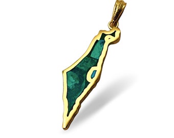 Map of Israel Pendant in 14k Gold Inlaid with Israeli Eilat Stone, Map of Israel Charm with King Solomon's Stone, Jewish Holy Land Jewelry