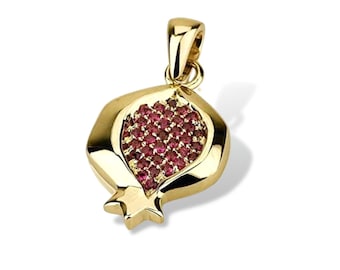 Gold Pomegranate Ruby Pendant, Solid 14k Gold Pendant, Pomegranate for Success and Abundance, Rosh Hashanah Gift, Israel Fruit Pendant