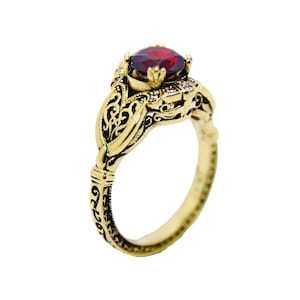 Garnet Engagement Ring, 14k Yellow Gold Diamond-Studded Garnet Ring, 14k Gold Diamond Ring, January Birthstone Ring, Ornate Gold Ring