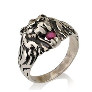 Lion of Judah Ring in Silver with Ruby, Lion Ring, Men&#39;s Ring, Bold Statement Ring, Ruby Ring, Unique Jewish Ring, Handmade Jewelry