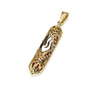 Gold Filigree Mezuzah Pendant, Solid 14k Gold Mezuzah Necklace Pendant, Protection Pendant, Jewish Jewelry, Two Tone Gold Hebrew Pendant