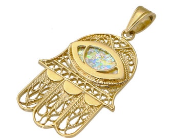 Yemenite Hamsa Pendant w Roman Glass Evil Eye in 14k Gold Filigree, Evil Eye Hamsa, Roman Glass Hamsa, Gold Filigree Hamsa Necklace Pendant