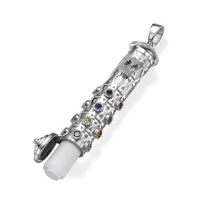 14k White Gold Mezuzah Pendant: Hoshen Stones Amulet, Judaica Jewelry