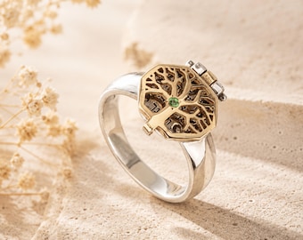 Anillo de la Cábala con la bendición sacerdotal del Árbol de la Vida en oro de 14 quilates, plata y esmeralda, joyería judía.