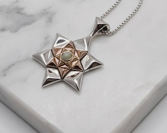 Kabbalah Star of David with Chrysoberyl Pendant Chain Set 14K Gold and Silver, Jewish Kabalah Pendant, Jewish Magen David Protection Charm