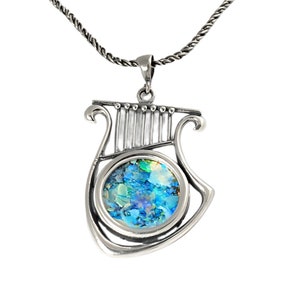 Harp of David Roman Glass Pendant in Sterling Silver, King Davids Harp Kinnor Dovid Necklace Pendant, Jewish Biblical Jewelry from Israel