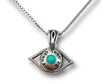 Turquoise Evil Eye Kabbalah Pendant in Sterling Silver – Hebrew Prosperity Necklace, Spiritual Jewish Jewelry, Handmade Gift from Israel
