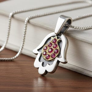 Hamsa Necklace with Pomegranate in Silver & Gold with Rubies, Jewish Jewelry