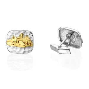Jerusalem Cufflinks in Silver and Gold, Hammered Silver Cufflinks, Jewish Men&#39;s Gift, Israel Jewelry, Sterling Silver & 14k Yellow Gold