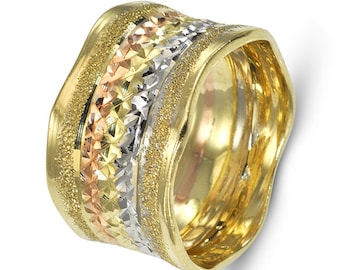 Tricolor Gold Wedding Band, Solid 14k Gold Ring, Unique Wedding Ring, Textured Ring, Diamond-Cut Ring, Stardust Finish Ring from Israel