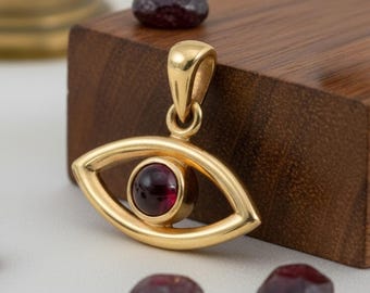 Evil Eye Pendant in 14k Gold with Red Garnet Stone, Ayin Harah Necklace Charm, Protection Jewish Jewelry, Handmade in Israel