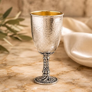 Sterling Silver Kiddush Cup, Hammered Finish, Filigree Stem, Jewish Judaica