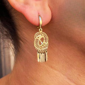 14K Gold Filigree Yin Yang Earrings, Handmade Fringe Earrings, Balance Symbol Jewelry, Israel Jewelry, Tao Gold Spiritual Earrings for Her